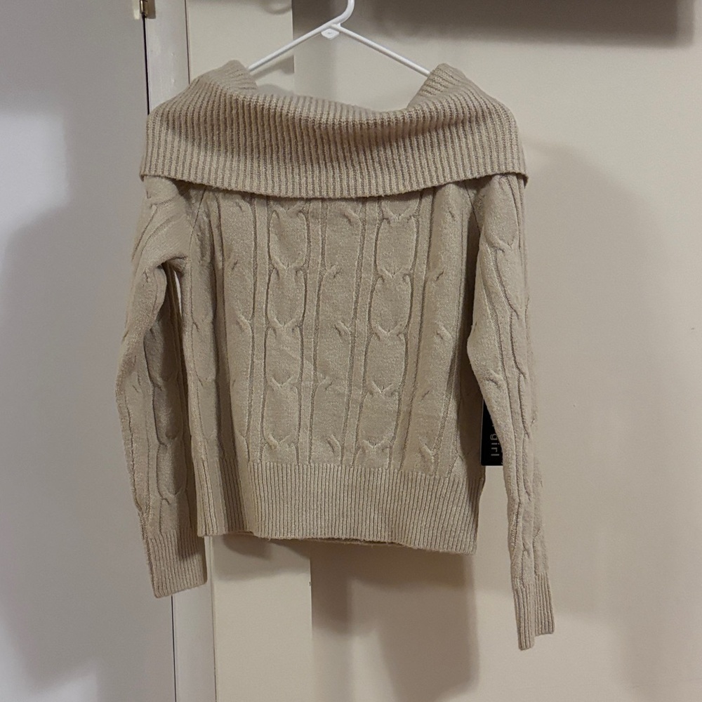 Madden Girl Beige Off-Shoulder Cable Knit Sweater - Picture 2 of 6